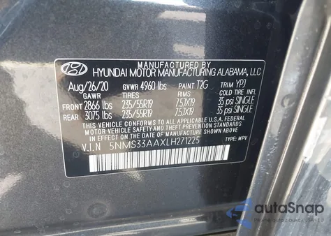 2020 Hyundai Santa Fe Sel 2.0T z USA, uszkodzony, nr VIN 5NMS33AAXLH271225